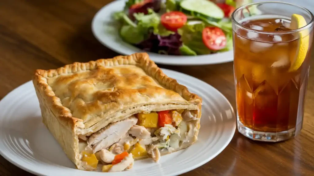 Plated Crock Pot Chicken Pot Pie with Fresh Salad and Side Dish