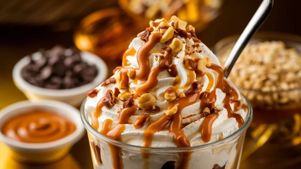 A vibrant image of a McFlurry dessert topped with caramel drizzle, chopped nuts, and a sprinkle of cinnamon, with small bowls of chocolate chips and caramel sauce in the background.