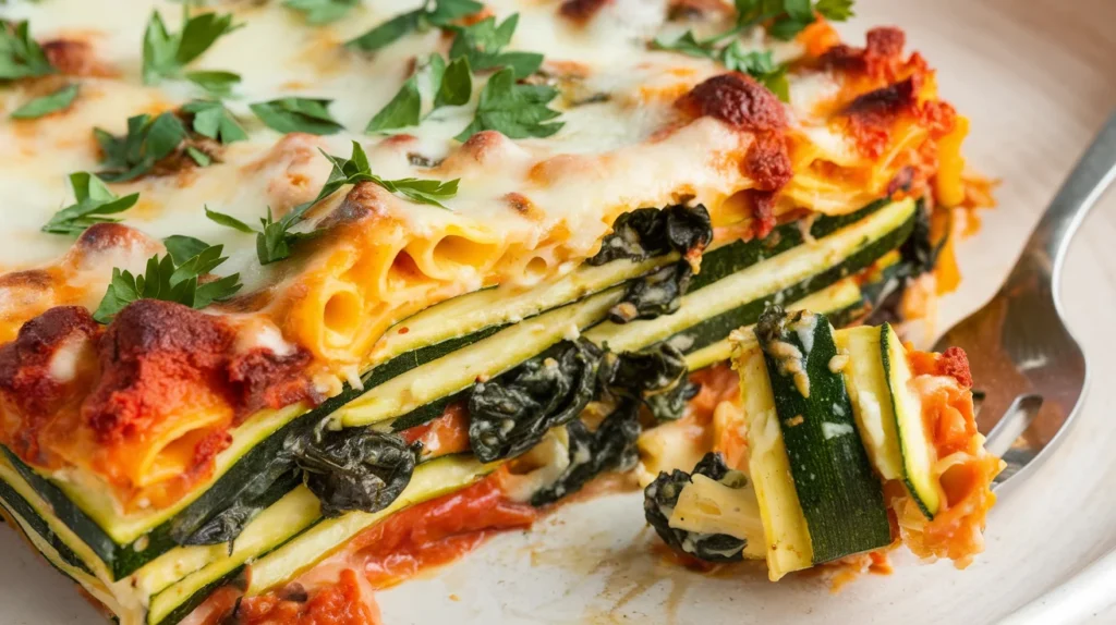 Close-up of vegetarian baked ziti featuring layers of roasted zucchini, sautéed spinach, and melted cheese, garnished with fresh parsley. A fork rests beside the dish on a cozy dining setup