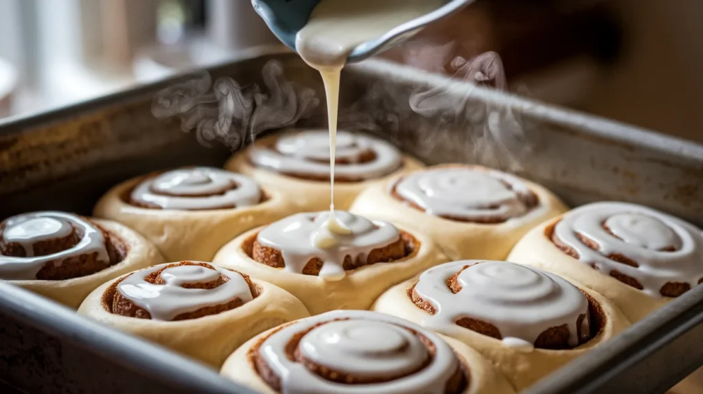 Freshly baked sourdough cinnamon rolls being drizzled with smooth cream cheese glaze, steaming slightly in a warm kitchen setting