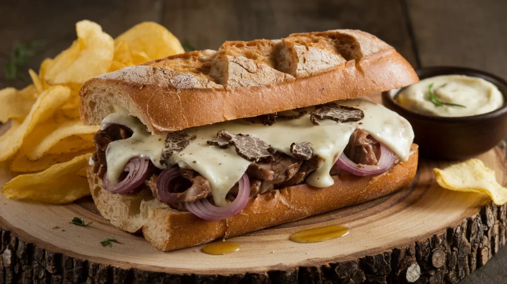 A gourmet beef and cheese sandwich with caramelized onions, melted provolone cheese, and a drizzle of truffle oil on toasted ciabatta bread, served on a wooden board with crispy chips and aioli.