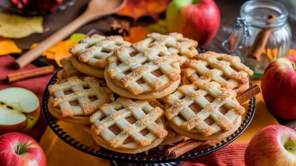 Platter of apple pie-inspired cookies with lattice crust designs, sprinkled with sugar, surrounded by fresh apples and cinnamon sticks on a fall-themed table.