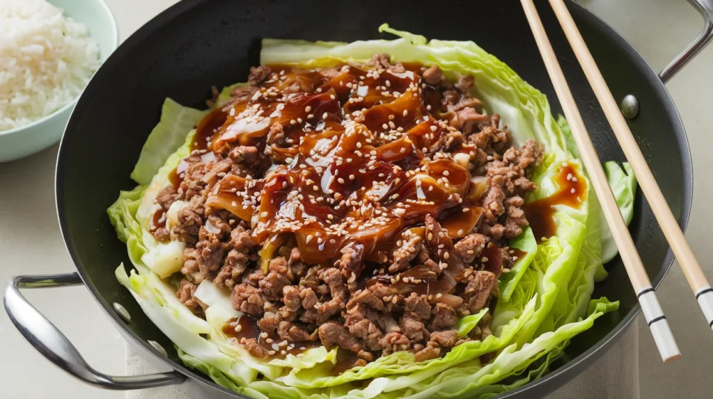 Asian-style stir fry with browned ground beef, tender green cabbage, and sesame seeds in a glossy soy sauce glaze, served in a wok with chopsticks on the side.