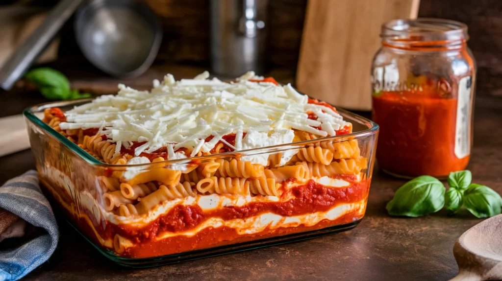 A baking dish layered with ziti pasta, marinara sauce, creamy ricotta, and shredded mozzarella cheese, ready for baking. Fresh basil and a jar of marinara sauce are placed nearby on a rustic kitchen counter