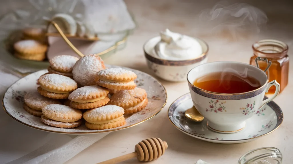 Plate of freshly baked Madeline cookies dusted with powdered sugar, served with a steaming cup of tea, a bowl of whipped cream, and a honey jar on a neutral backdrop."