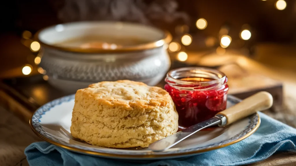 Golden-brown gluten-free biscuits served with strawberry jam, butter, and a steaming bowl of soup, creating a cozy mealtime setting."