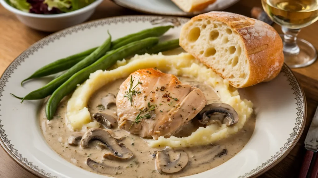 A plate featuring chicken in creamy mushroom soup served with mashed potatoes, steamed green beans, and a buttered baguette, accompanied by a salad bowl and a glass of white wine in the background.