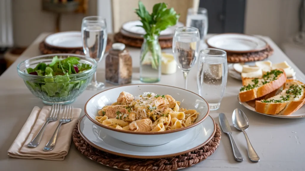 A dining table setup with a bowl of garlic parmesan chicken pasta, a fresh green salad in a glass bowl, and a plate of garlic bread, styled with napkins, cutlery, and glasses of sparkling water.