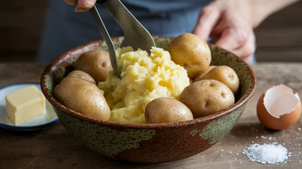 Boiled potatoes being mashed in a rustic bowl with a hand masher, surrounded by a butter dish, a cracked egg, and a small bowl of salt for preparing papas rellenas.