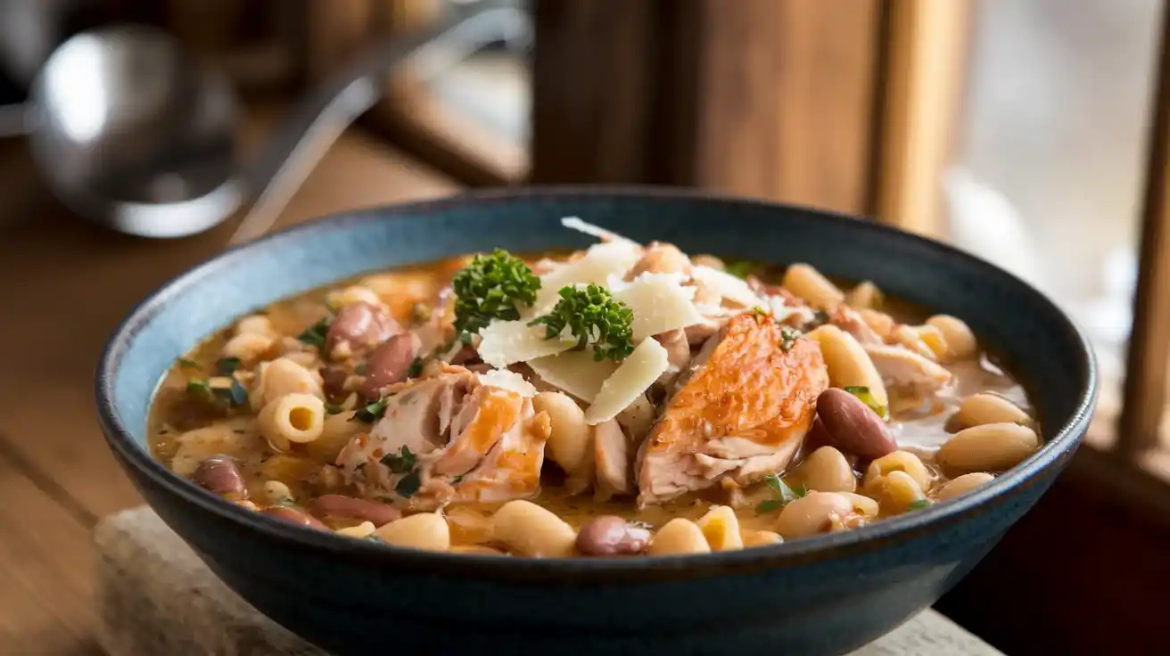 A close-up view of a hearty bowl of pasta fazool made with chicken, featuring tender chicken pieces, beans, ditalini pasta, and a rich broth, garnished with parsley and Parmesan cheese