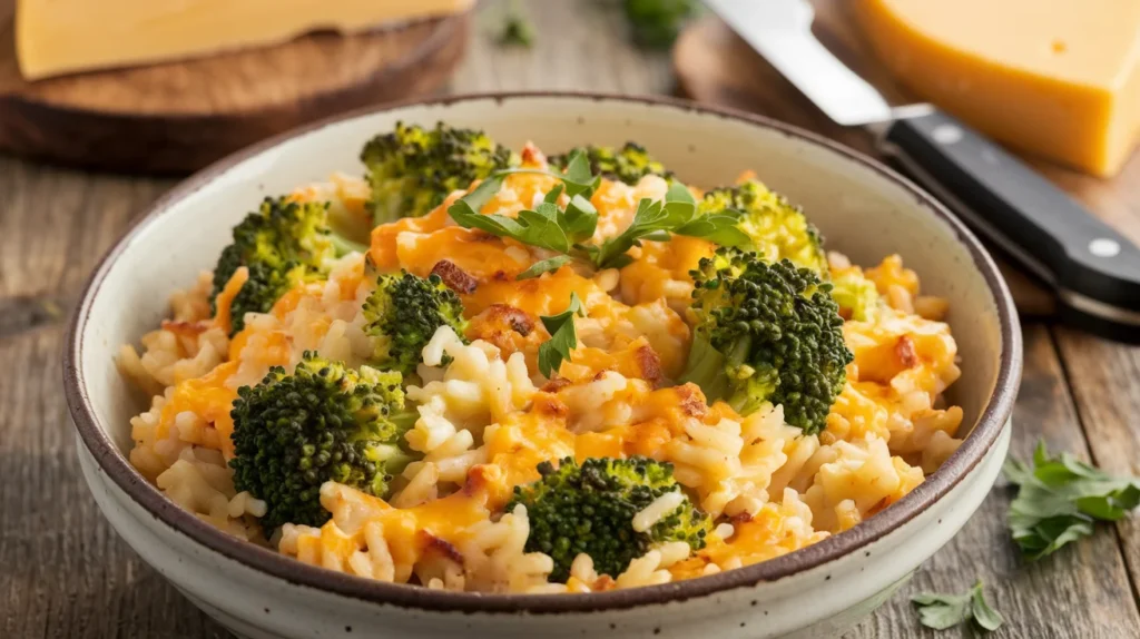 A bowl of cheesy rice mixed with bright green broccoli florets, garnished with parsley, served in a white ceramic bowl on a wooden table with cheese and a knife in the background.