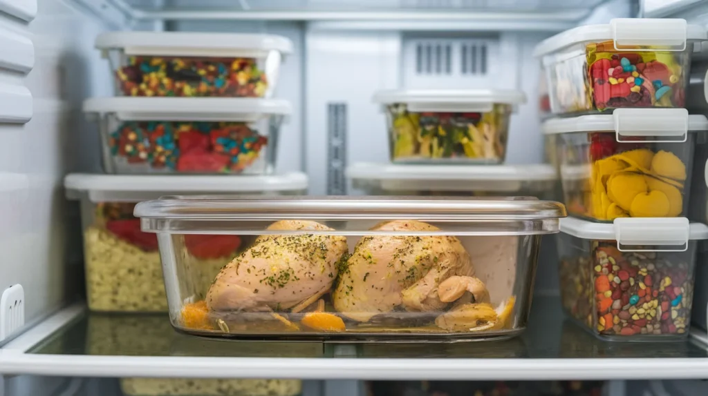 A prepped forgotten chicken recipe in a tightly covered baking dish stored in a refrigerator, surrounded by labeled containers of other meal prep items