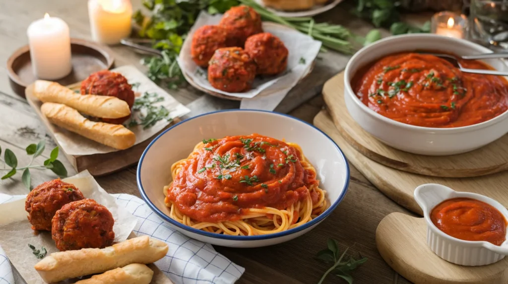 A variety of dishes featuring sweet tomato sauce, including spaghetti, meatballs, and breadsticks with dipping sauce, all displayed on a wooden table.