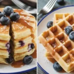 Side-by-side comparison of caramel salt pancakes and waffles with syrup