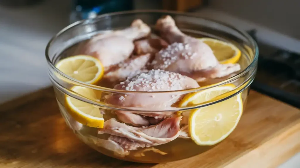 Bone-in chicken breasts submerged in a glass bowl of brine with lemon slices, garlic, and herbs.