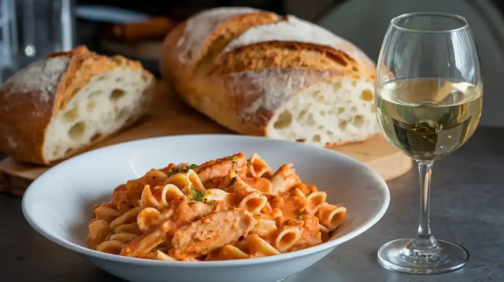 A beautifully set table featuring a bowl of pasta fazool made with chicken, served with crusty Italian bread and a glass of white wine.