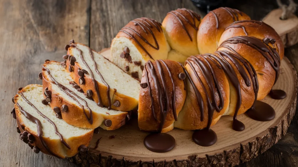 Braided chocolate chip bread with chocolate drizzle.