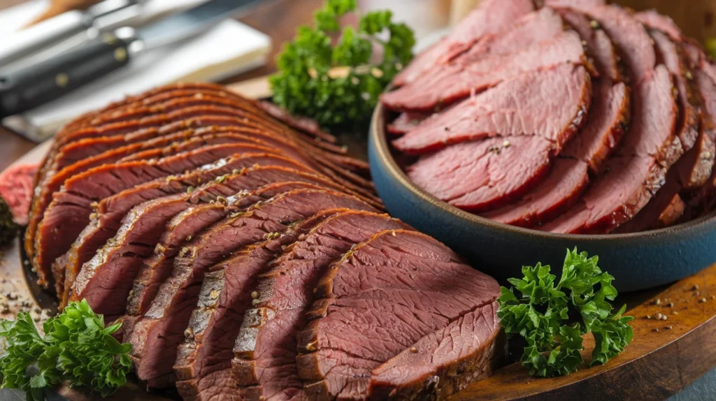 Close-up of thinly sliced roast beef and pastrami on a wooden platter, garnished with parsley and cracked black pepper, with a rustic kitchen background