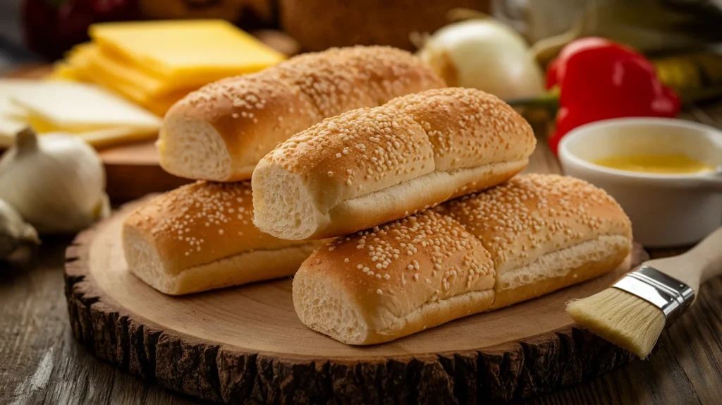 Fresh hoagie rolls placed on a rustic wooden board, with melted butter and a brush nearby, ready to be toasted for a chicken Philly cheesesteak sandwich.