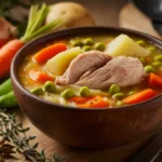 Jamaican chicken soup in a rustic bowl with fresh ingredients.