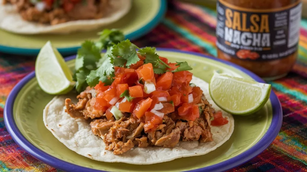 A taco topped with salsa macha, garnished with fresh cilantro and lime wedges, with a jar of salsa macha and a drizzle of sauce in the background."