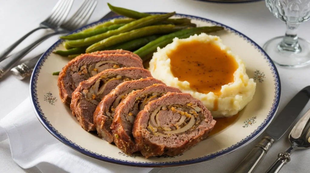 A dinner plate featuring sliced Lipton onion soup meatloaf, creamy mashed potatoes with gravy, and roasted green beans, styled on a white tablecloth with elegant cutlery."