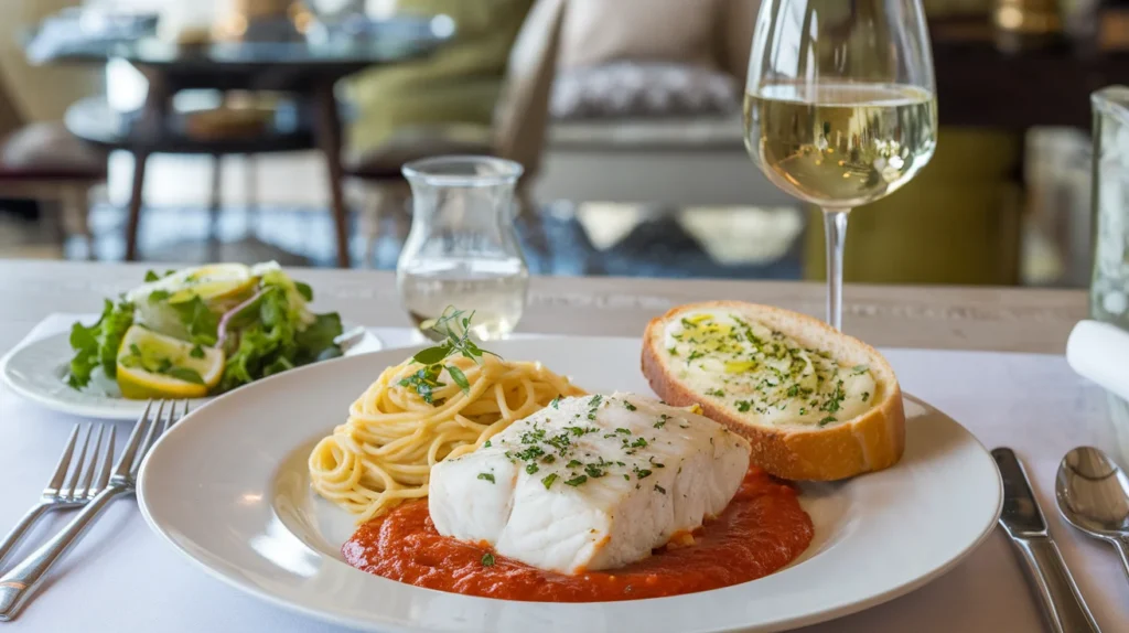 Halibut in marinara sauce served with spaghetti and garlic bread on a white plate, accompanied by a glass of white wine and a green salad in a cozy dinner setting