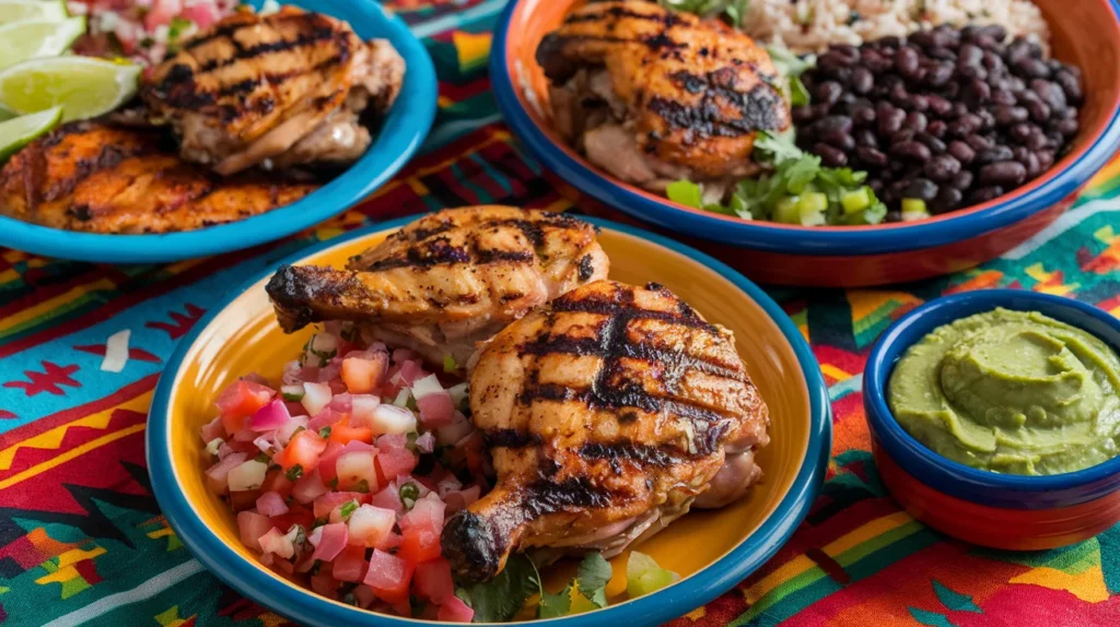 A colorful spread of grilled chicken thighs, Mexican rice, black beans, guacamole, and pico de gallo on festive ceramic plates with a Tex-Mex patterned tablecloth.