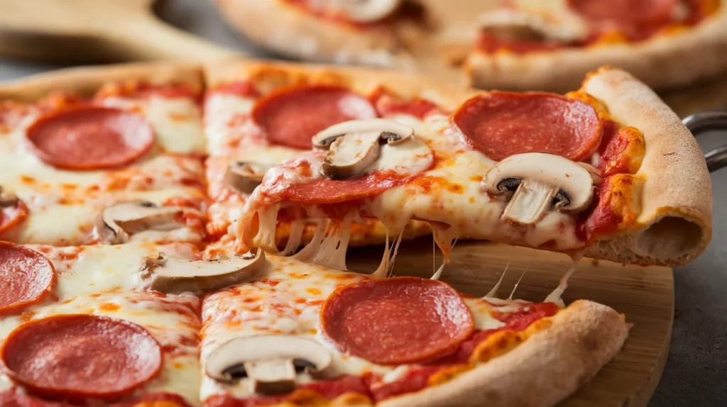 A pizza topped with sweet tomato sauce, pepperoni, mushrooms, and melted mozzarella cheese, with a golden crust and a slice being pulled to show cheese stretching.