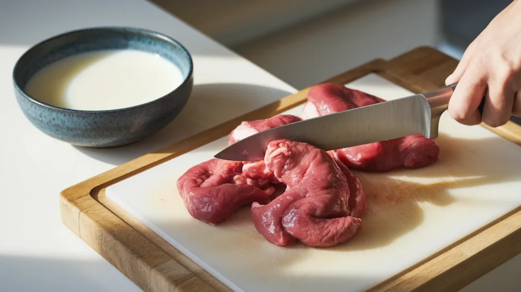 A step-by-step preparation of beef kidneys on a cutting board, with a knife trimming the kidneys, and a bowl of milk beside the setup for soaking, in a clean kitchen setting.