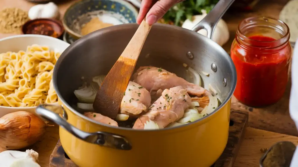 Step-by-step preparation of pasta fazool, showing chicken being sautéed with onions and garlic in a pot, creating a rich base for the soup