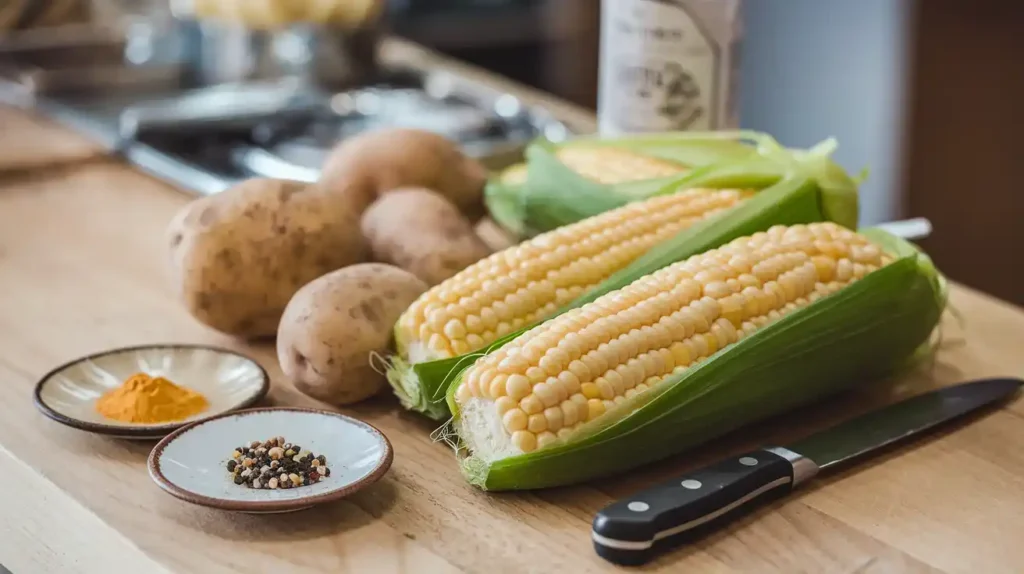 Fresh ingredients for corn chowder, including corn, potatoes, cream, onions, and spices, laid out on a wooden countertop.