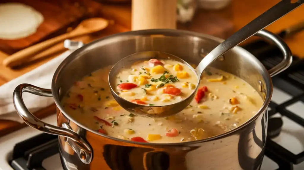 Corn chowder cooking in a pot, with chunks of corn and potatoes visible in the creamy broth