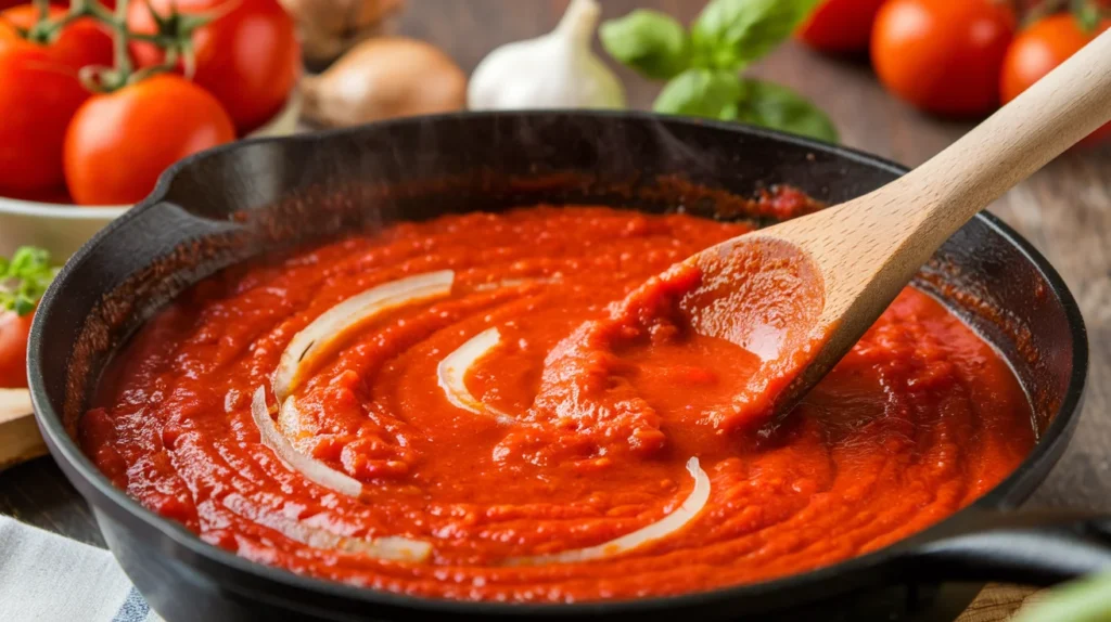 A skillet filled with bubbling marinara sauce made with garlic, onions, and tomatoes, garnished with fresh basil, with a wooden spoon stirring and fresh ingredients like tomatoes and garlic nearby.