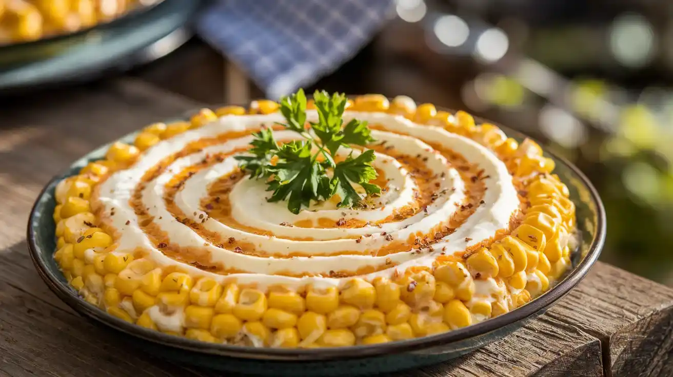 A close-up of a creamy corn dish with melted cream cheese, garnished with parsley.