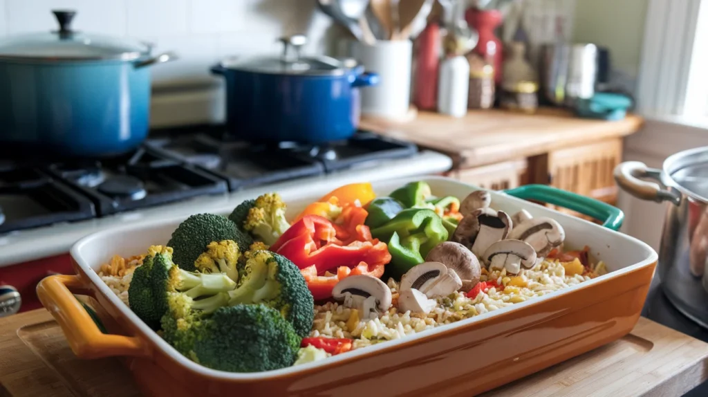 A colorful baking dish with the forgotten chicken recipe's raw ingredients, including added broccoli, bell peppers, and mushrooms, sitting on a vibrant kitchen counter.