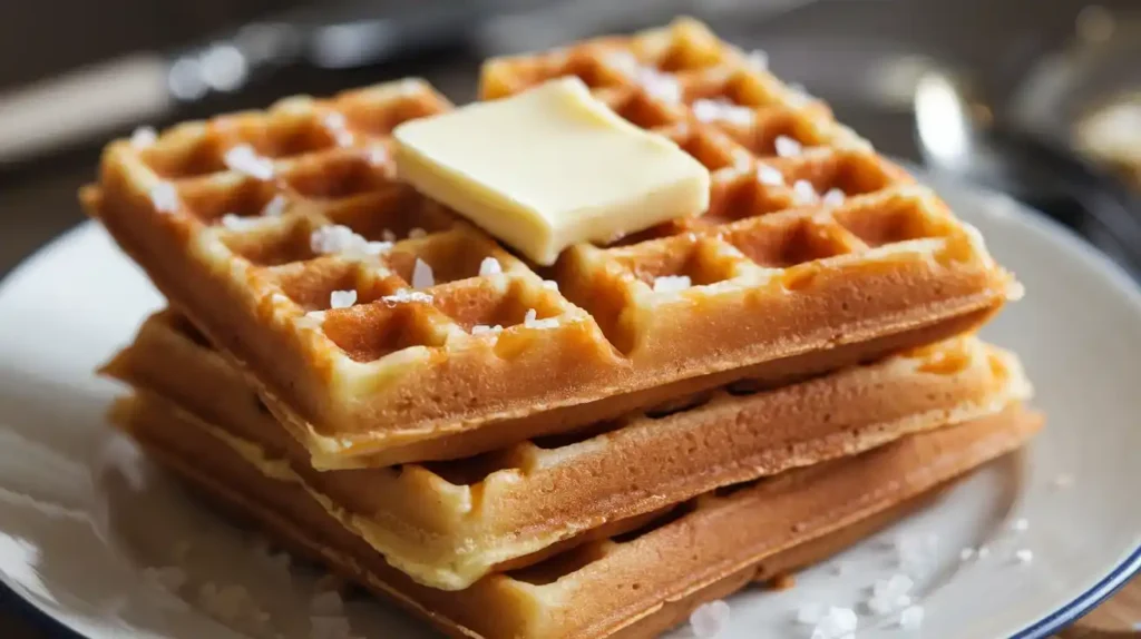 Crispy caramel salt waffles with melting butter and caramel syrup