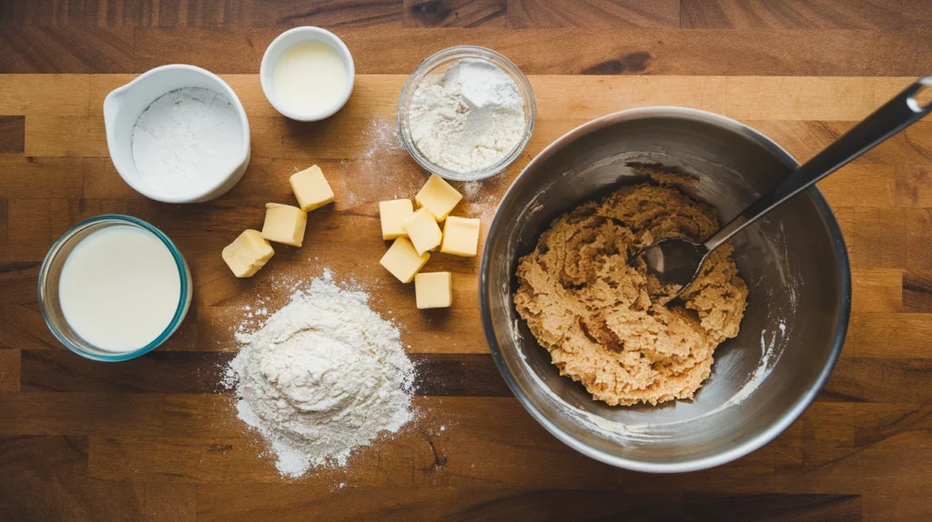 Step-by-step process of making gluten-free biscuits, featuring a mixing bowl with biscuit dough, butter cubes being added, and ingredients like flour and buttermilk arranged on a wooden kitchen counter