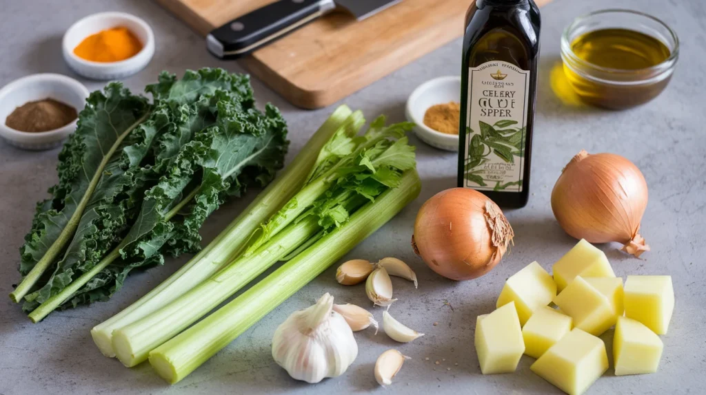 Flat-lay of fresh kale soup ingredients, including kale, celery, garlic, onions, potatoes, olive oil, and spices, arranged on a cutting board with a knife and small bowls of seasonings.