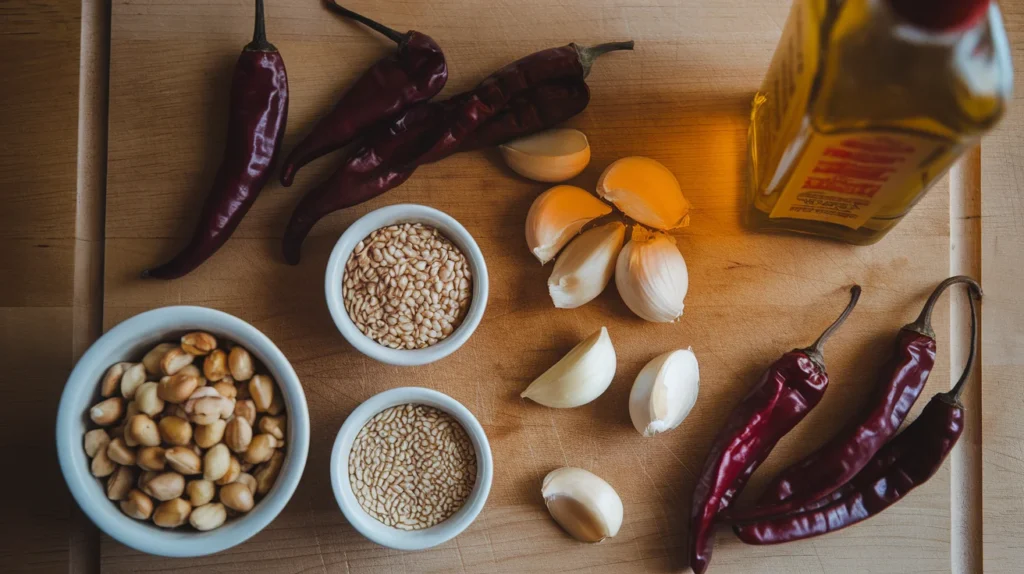 A flat-lay of ingredients for salsa macha, including dried chiles, roasted peanuts, sesame seeds, garlic cloves, and a bottle of oil, arranged on a wooden cutting board.