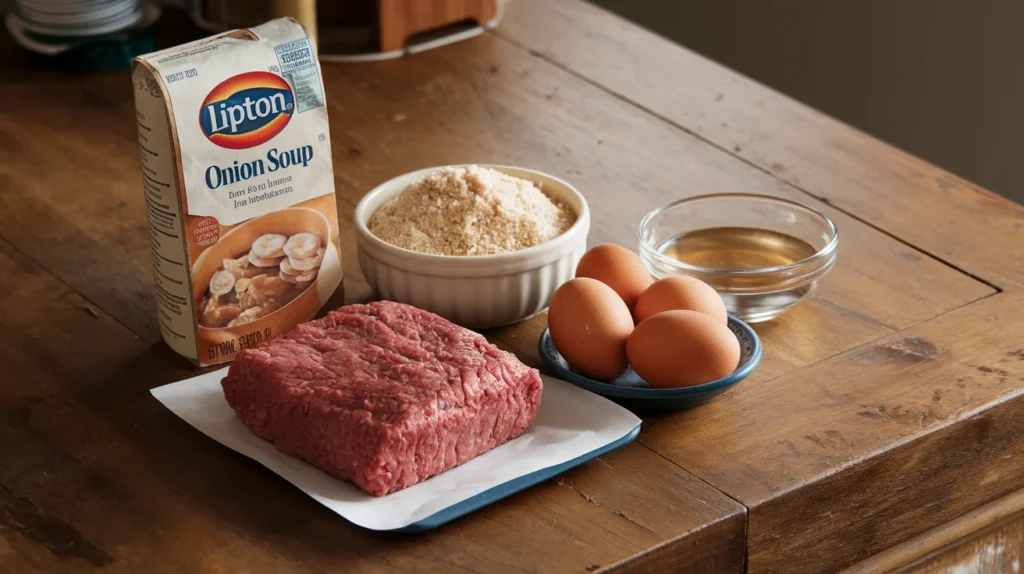 ngredients for Lipton onion soup meatloaf arranged on a wooden kitchen counter, including a packet of Lipton onion soup mix, ground beef, breadcrumbs, eggs, and a bowl of water