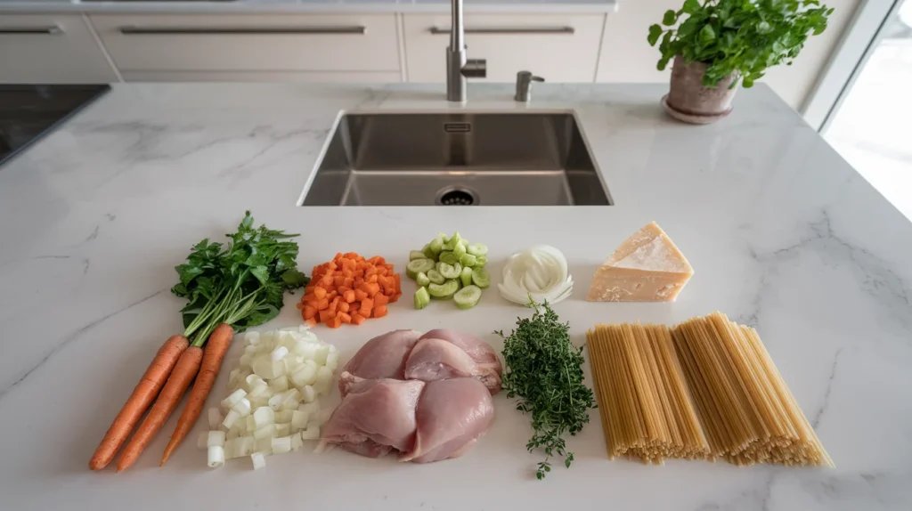 "Fresh ingredients for Italian Penicillin Soup, including chicken, diced vegetables, parsley, thyme, Parmesan rind, and pastina pasta, displayed neatly on a marble countertop in a modern kitchen."