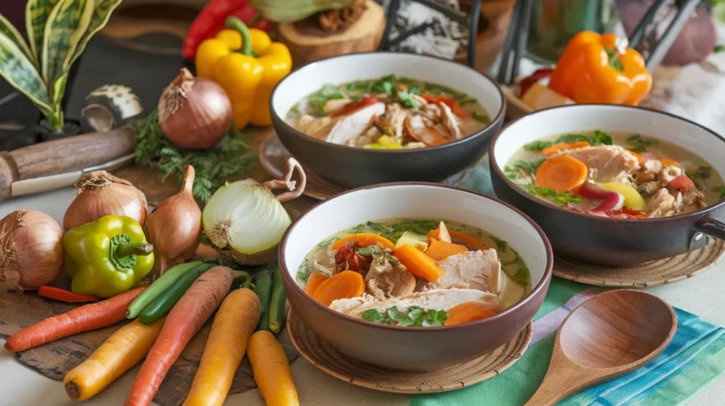 Jamaican chicken soup served family-style on a vibrant table.