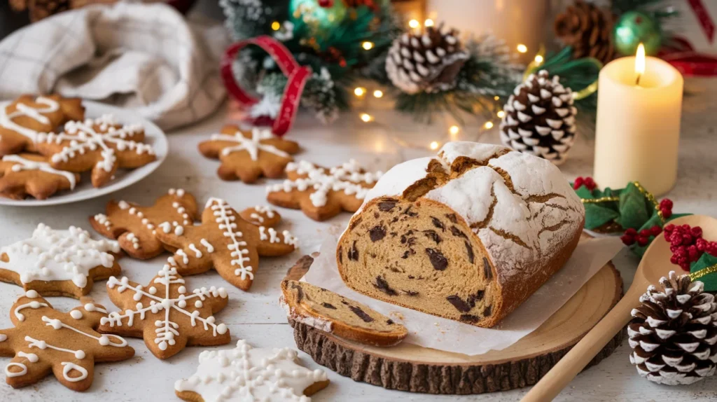 A festive holiday baking setup featuring gingerbread cookies, a loaf of stollen bread, and seasonal décor like pine cones, ribbons, and a lit candle on a kitchen counter.