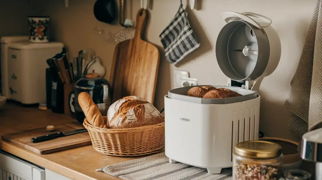 A dense loaf of bread cut open with measuring tools and King Arthur Flour displayed.