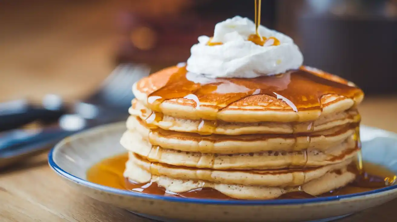 Fluffy caramel salt pancakes topped with whipped cream and drizzled with syrup