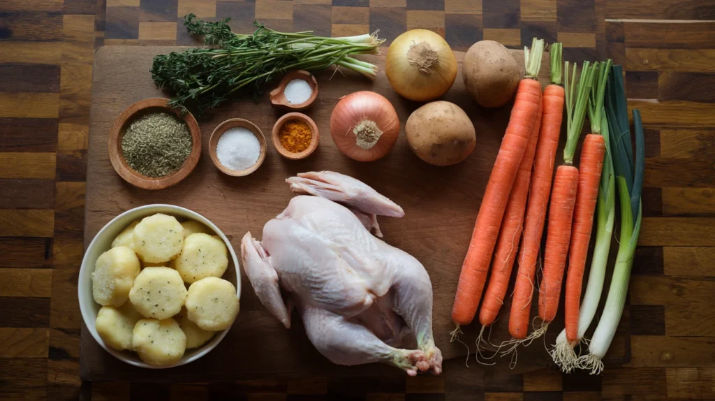 Ingredients for Jamaican chicken soup on a wooden table.