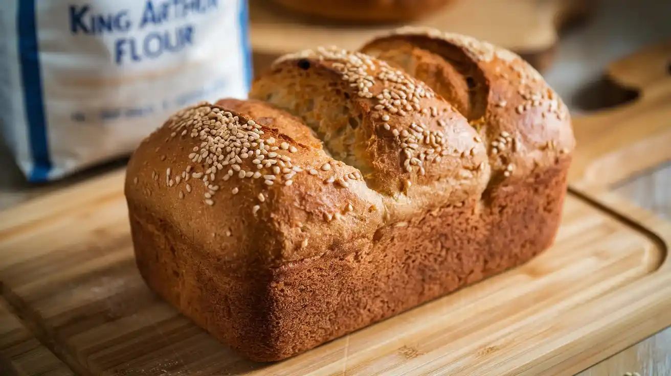 Golden loaf of bread baked with King Arthur Flour on a wooden cutting board.