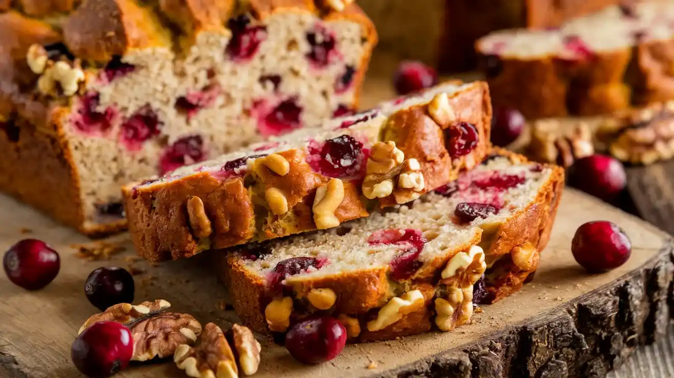 Golden cranberry walnut bread surrounded by fresh cranberries and walnuts on a wooden board."