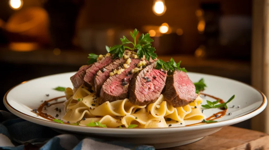 Plate of garlic butter steak pasta with tender steak slices, golden pasta, fresh parsley garnish, and a rustic kitchen backdrop.